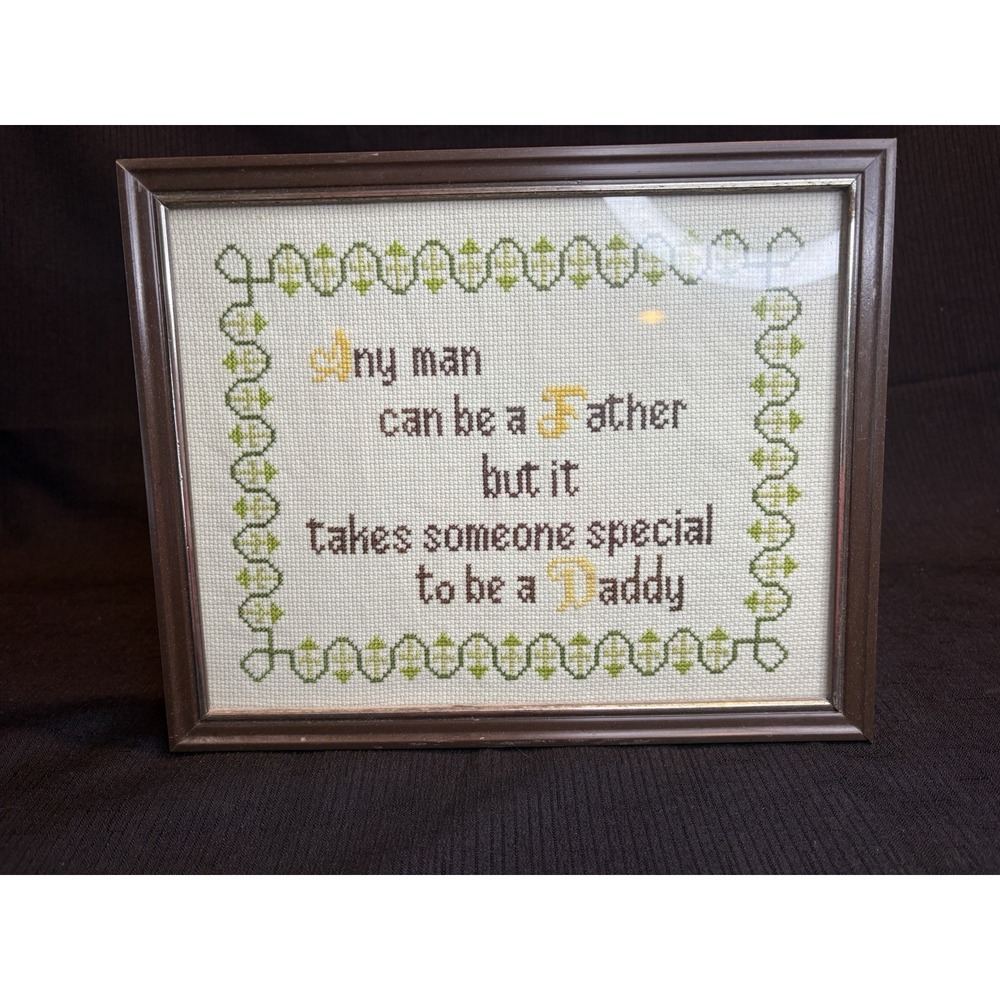 Vintage Handmade Framed Cross Stitch Father Daddy Quote Wall Art Decor